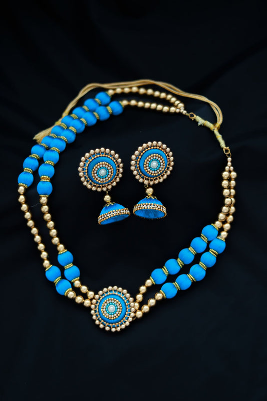 Choker-Halskettenset mit runden Perlen in zwei Farben – Hellblau, Gold