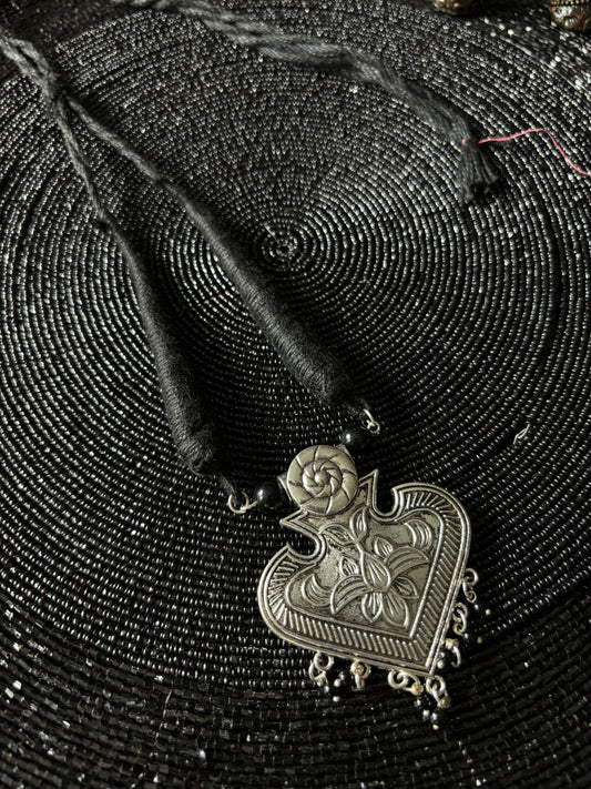 Heart shape - long oxidized necklace with thread closure