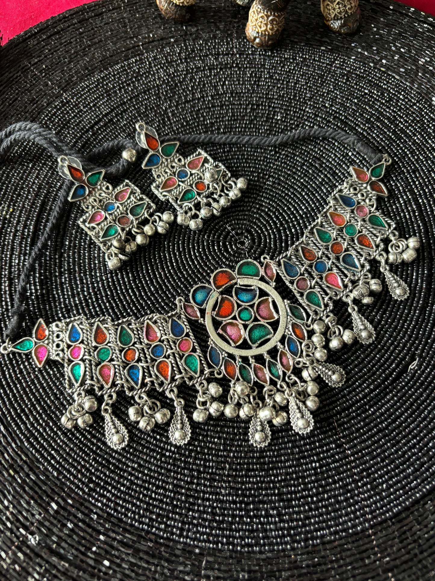 Antique style choker with multi-colour meenakari, with earrings