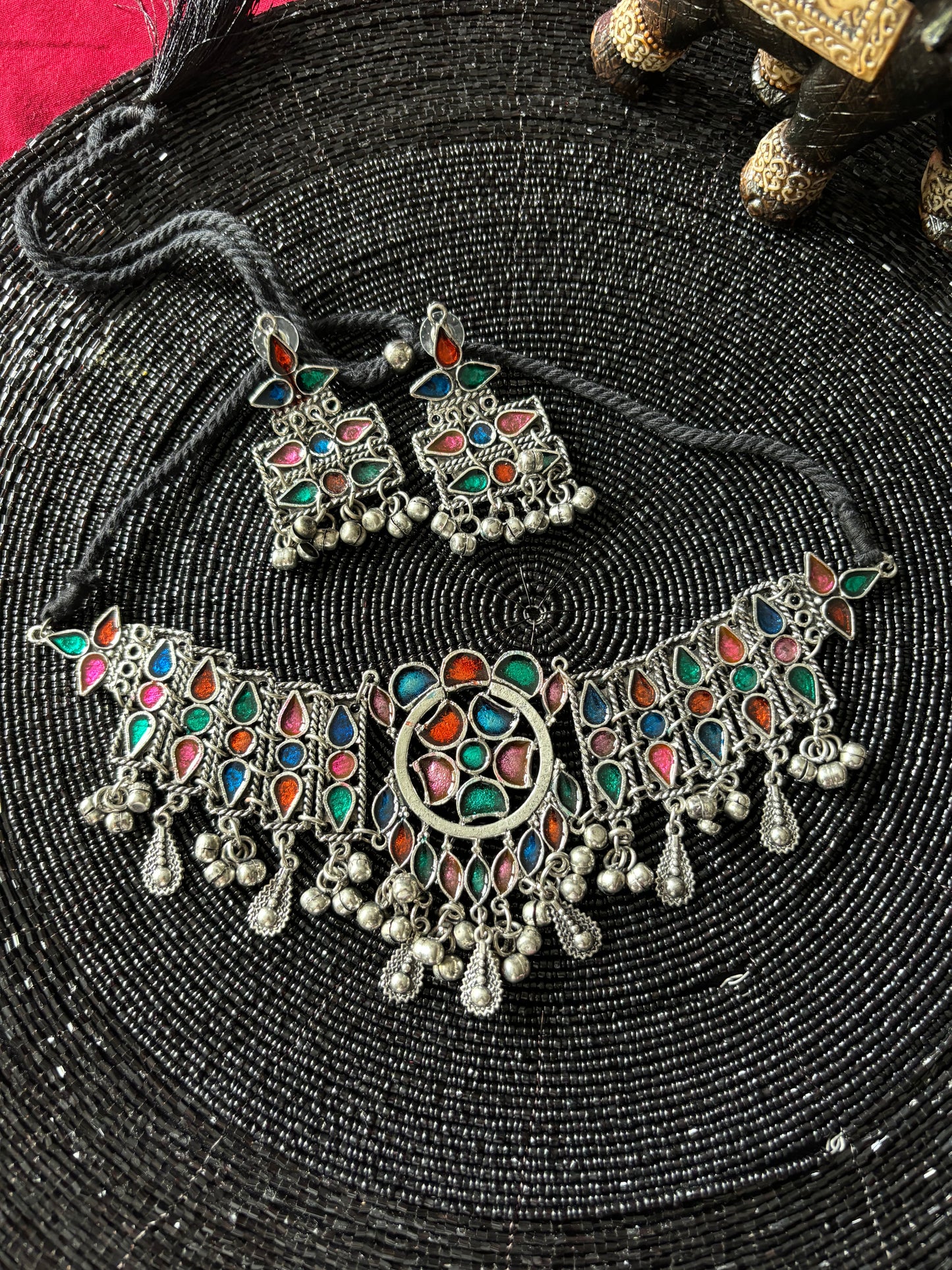 Antique style choker with multi-colour meenakari, with earrings